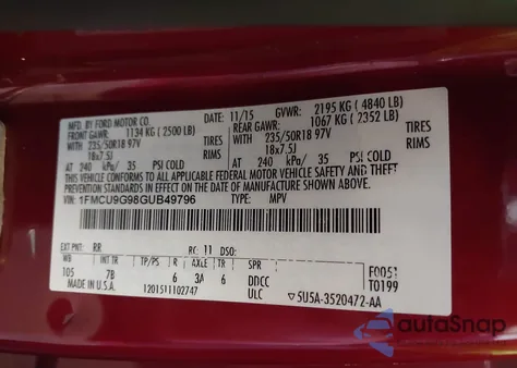 2016 Ford Escape Se from USA, damaged, VIN 1FMCU9G98GUB49796